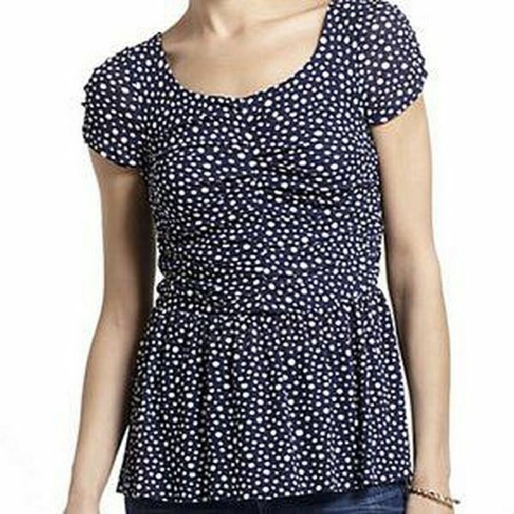 Anthropologie Postmark Women Ruched Peplum Polka Dot Top Navy White Size S